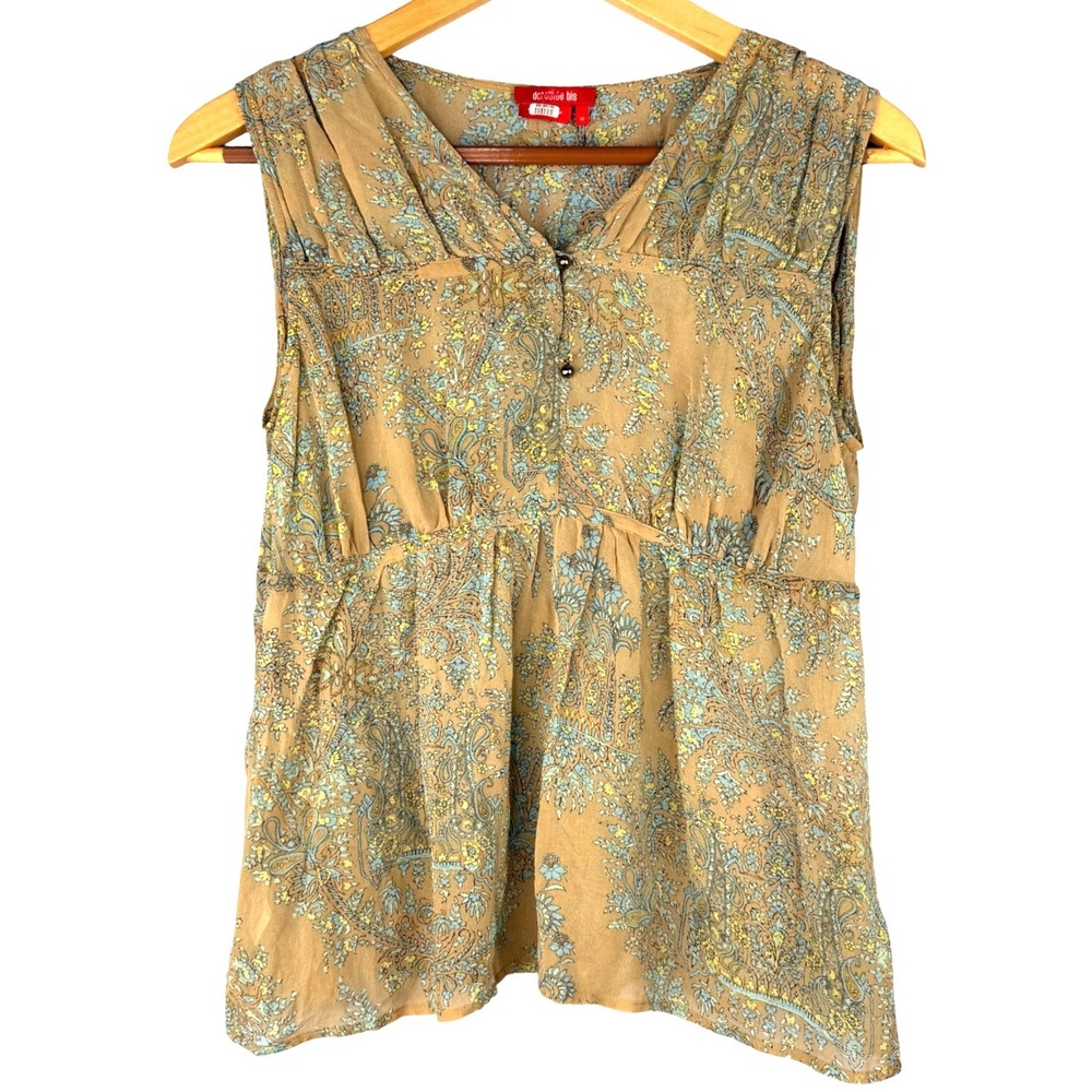Dorothee Bis‎ Silk Tank Top M Paisley Sleeveless Boho Blouse Tan Blue Sheer